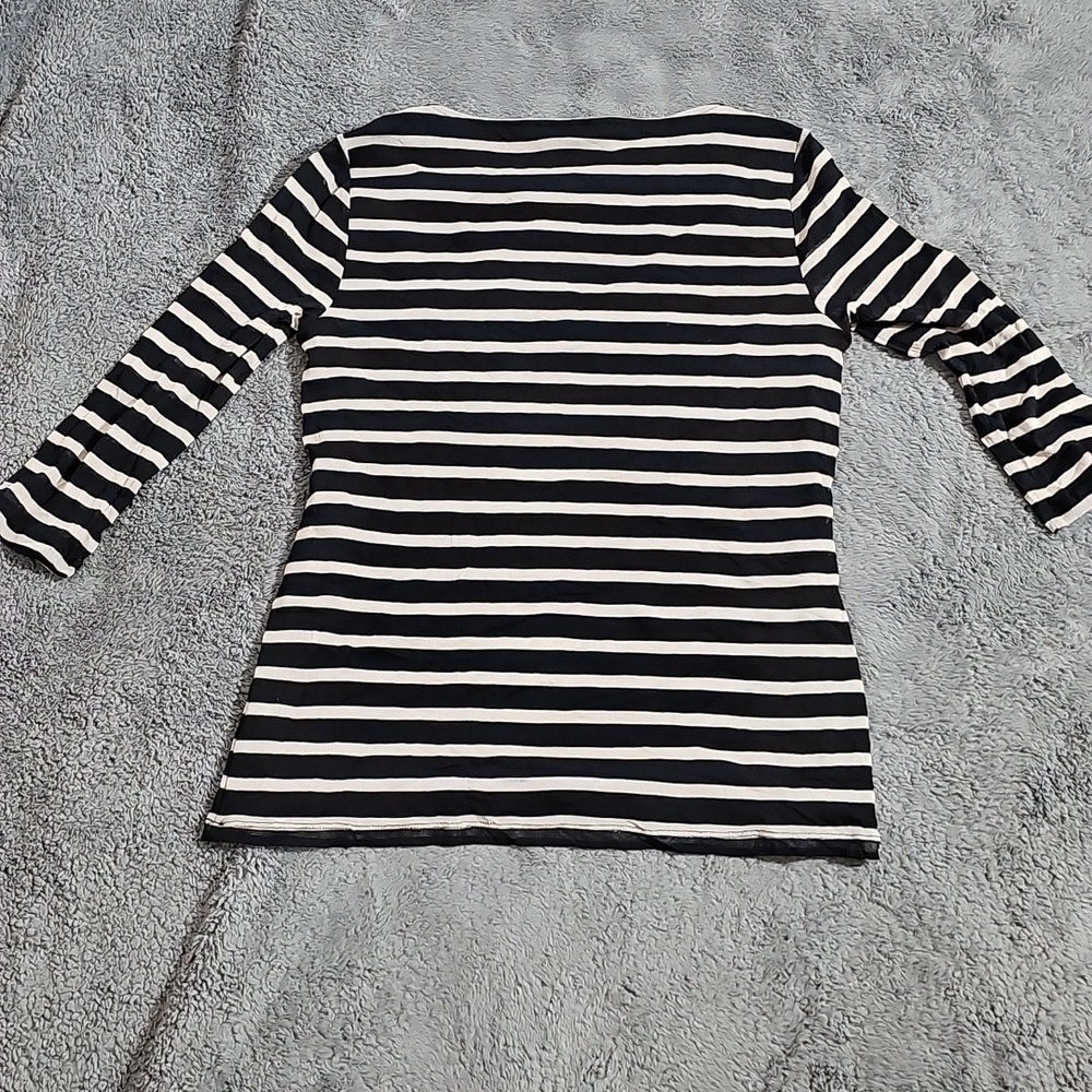 Dana Buchman Black White Striped Tiered Pleated Mesh 3/4 Sleeve Top Size M - Picture 8 of 8